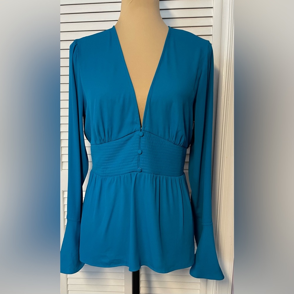 Bebe V-neck, Bell Sleeve Aqua Blue Top, Size L